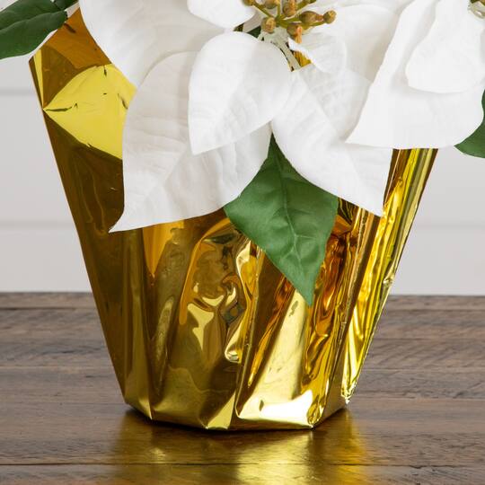 Nearly Natural 13" White Artificial Velvet Poinsettia Arrangement in Gold Wrapped Planter